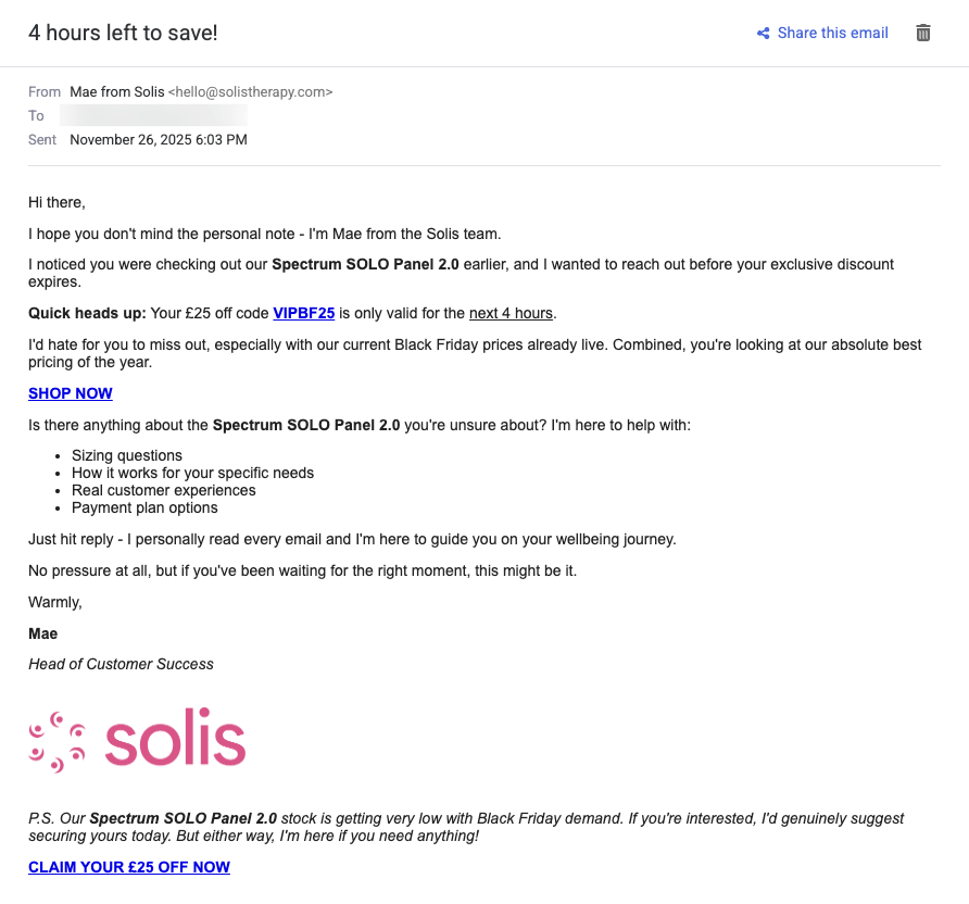 Solis' promotional email 