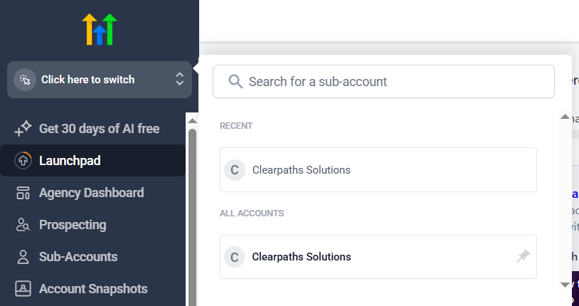 Switching between your agency account and the sub-accounts you manage in GoHighLevel