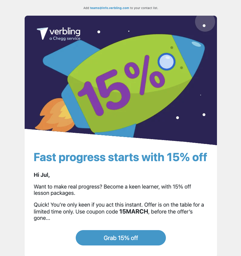 Verbling's promotional email