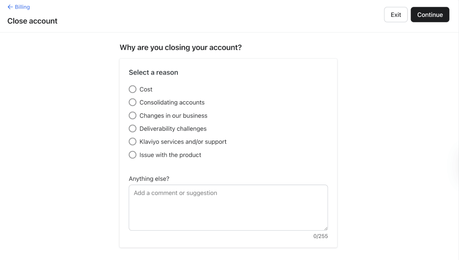 klaviyo closing account reason options