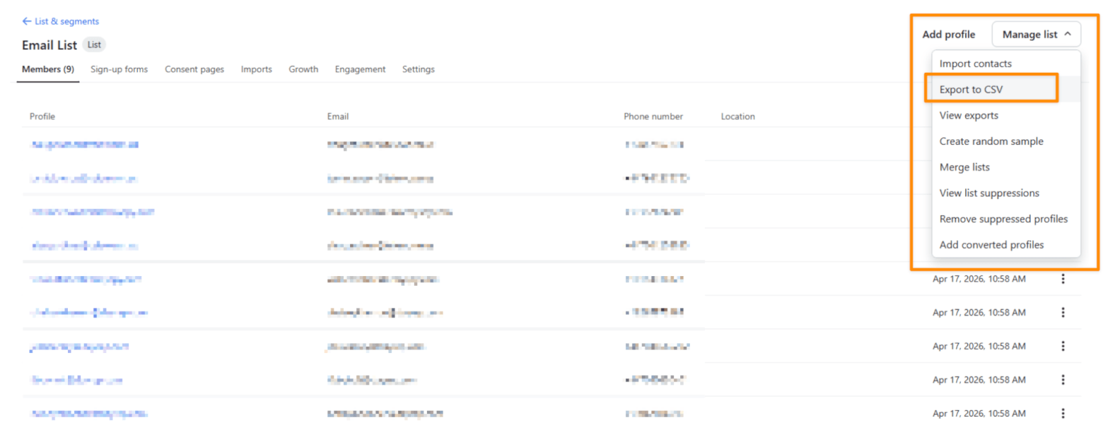 klaviyo export contact list to csv