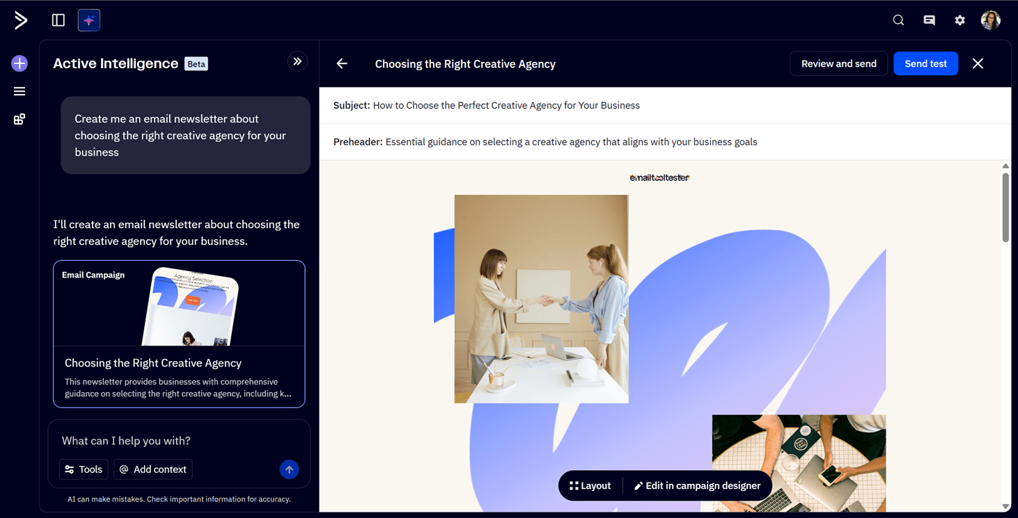 Using ActiveCampaign's Active Intelligence AI engine to build an email