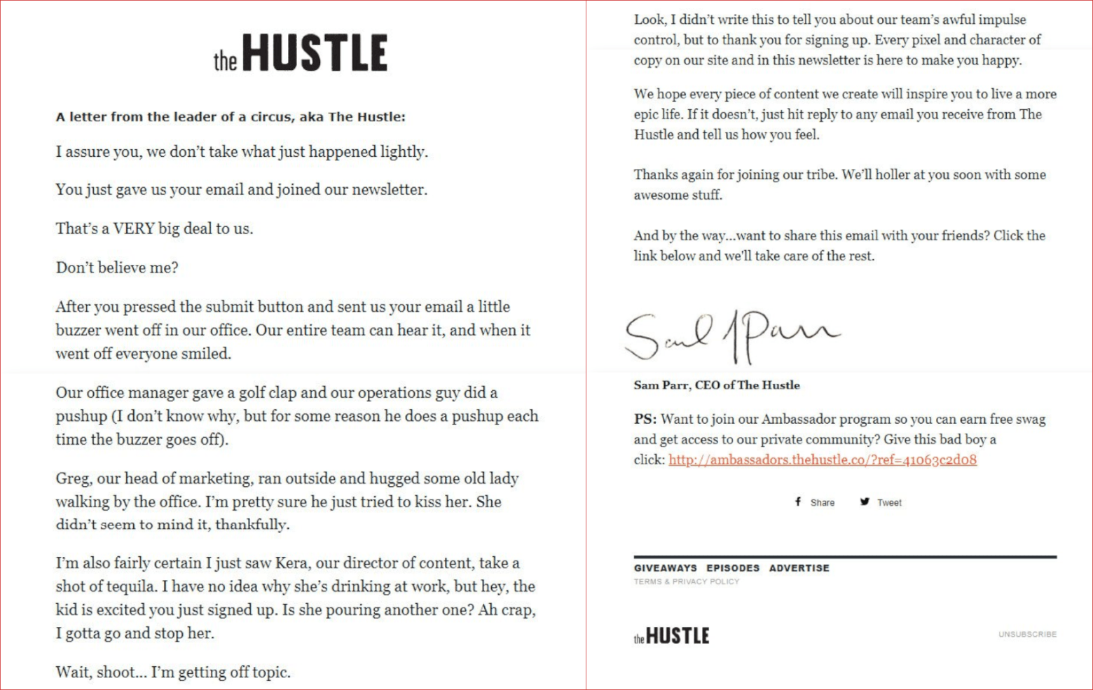 Welcome story email - The Hustle