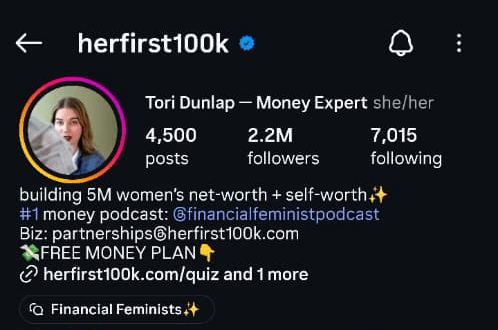 @herfirst100k Instagram bio