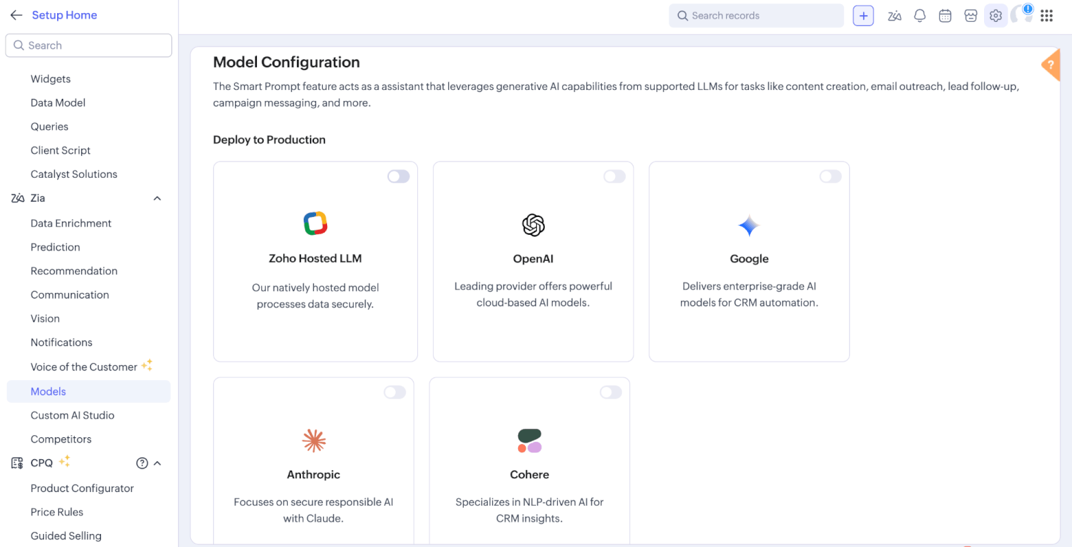 zoho zia model configuration