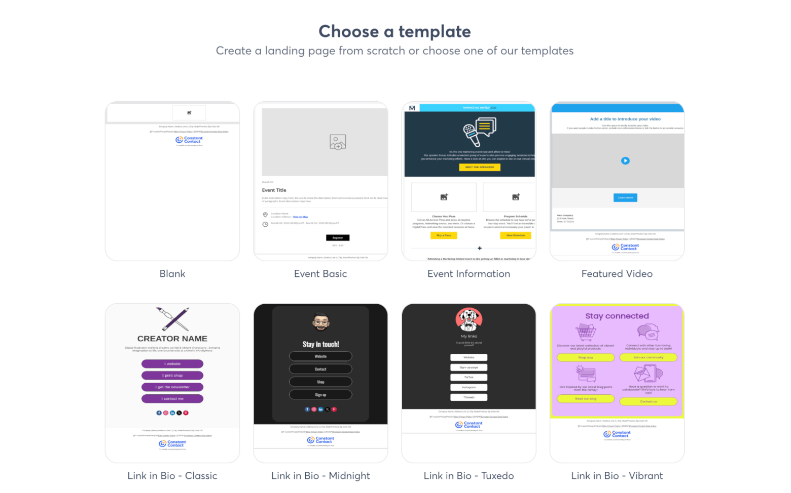 constant contact landing page templates