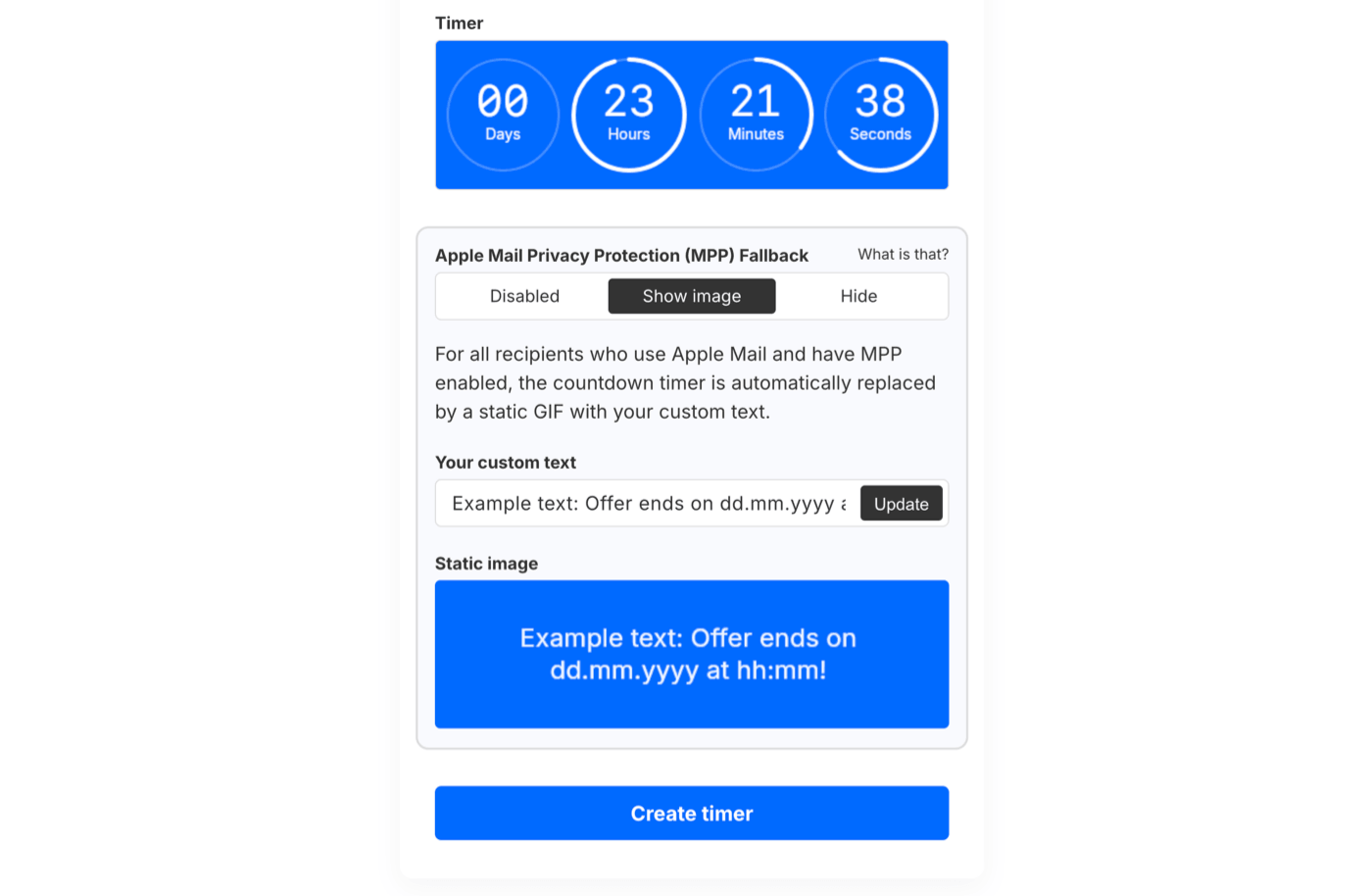 CleverTimers email countdown timer interface