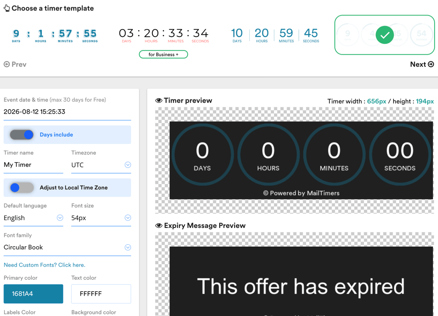 MailTimers email countdown timer interface