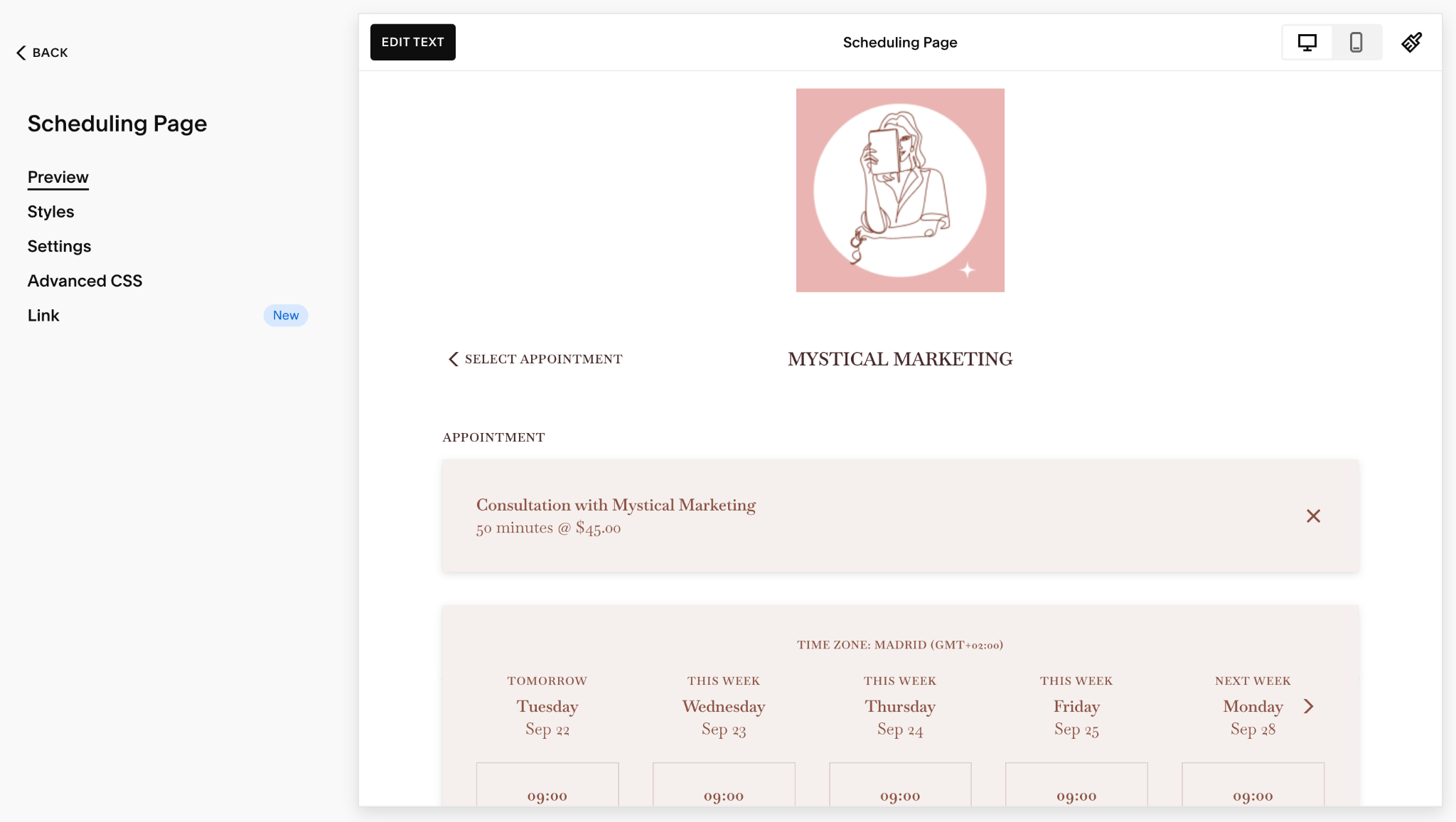 acuity scheduling page