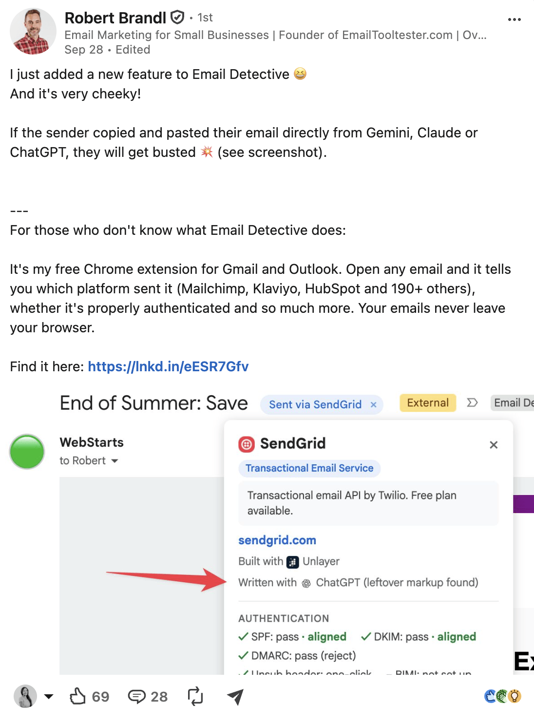 robert linkedin post on ai detection feature in email detective