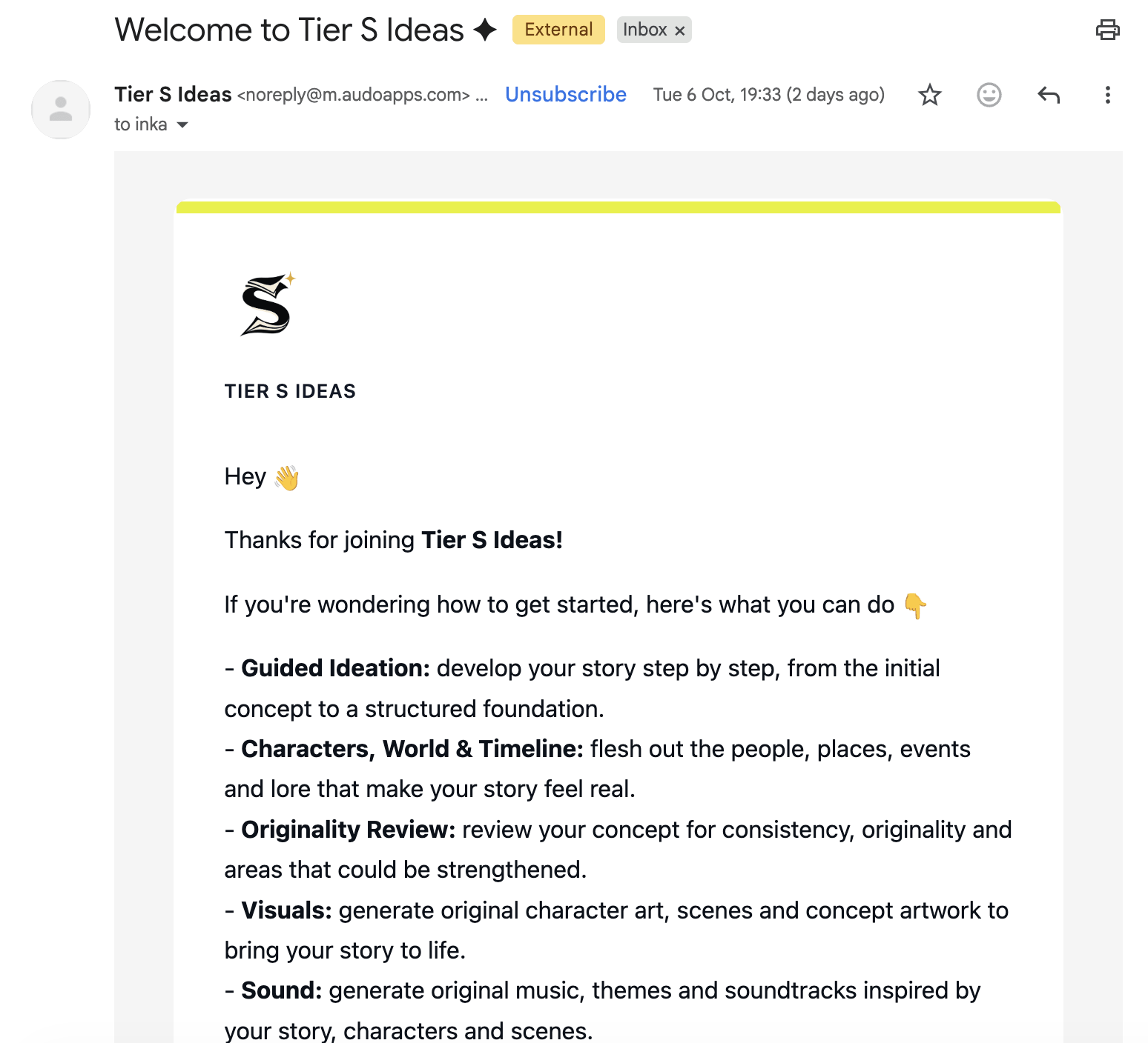 tier s ideas welcome email